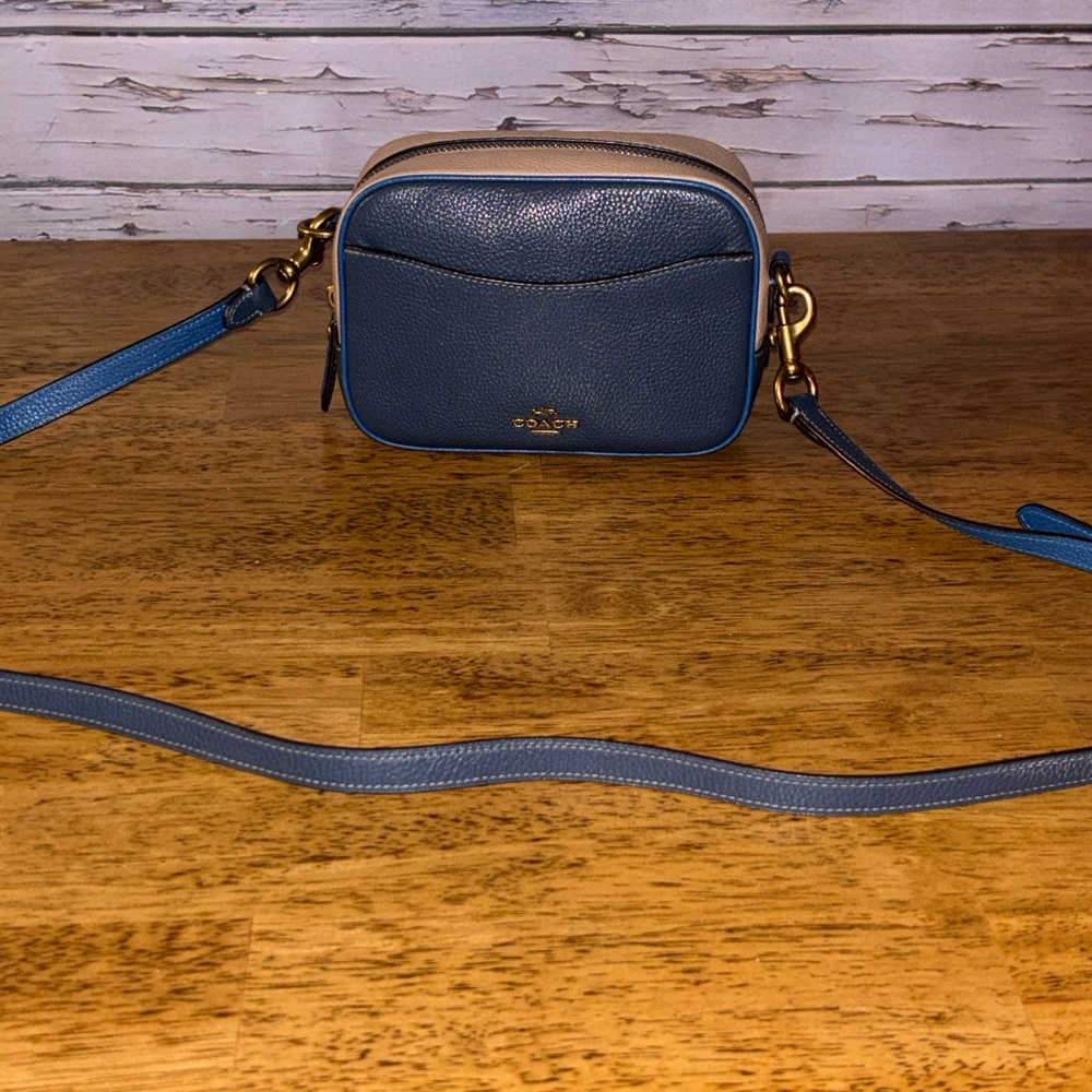 Coach Blue & beige leather logo plaque camera bag.